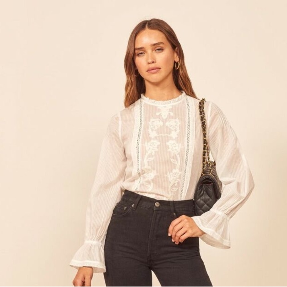 REFORMATION White Cotton Lace Stripe Embroidered BESSIE Top